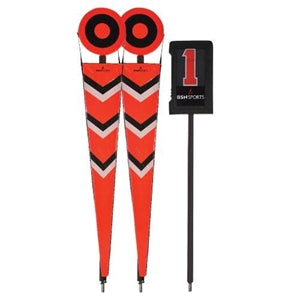 Image of A set of chevron orange referee stands with a black pole and orange banners, featuring 'Bulls-eye' design and two-color numbers.