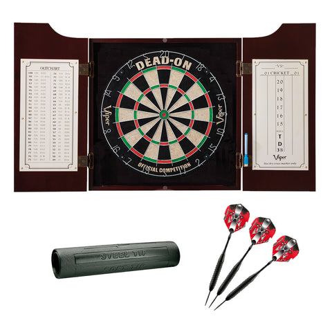 Image of Viper Hudson Dartboard Cabinet, Dead-On Bristle Dartboard, Black Mariah Steel Tip Darts 22 Grams, and Vinyl Dart Mat