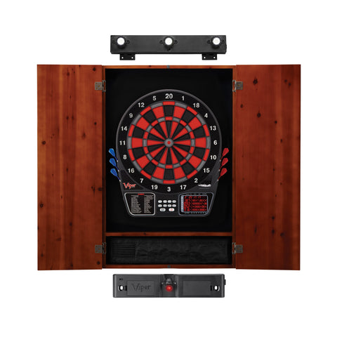 Image of Viper 797 Electronic Dartboard, Metropolitan Cinnamon Cabinet, Laser Throw Line & Shadow Buster Dartboard Light Bundle