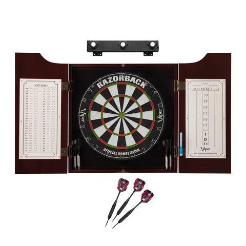 Image of Viper Razorback Sisal Dartboard, Hudson Cabinet, Black Mariah Steel Tip Darts & Shadow Buster Dartboard Light Bundle