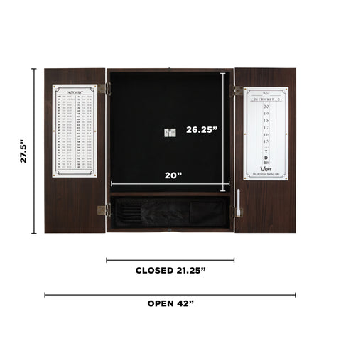 Image of Viper Espresso Metropolitan Steel Tip Cabinet, Razorback Sisal Dartboard, Underground Raven Steel Tip Darts 25 Grams, and Laser Throw Line