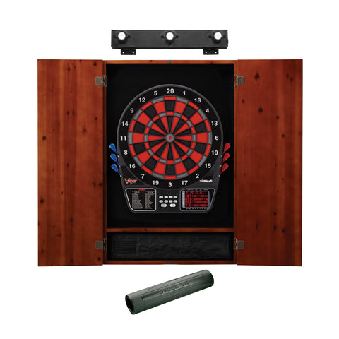Image of Viper 797 Electronic Dartboard, Metropolitan Cinnamon Cabinet, Dart Mat & Shadow Buster Dartboard Light Bundle