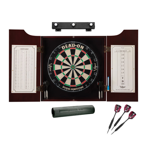 Image of Viper Dead On Sisal Dartboard, Hudson Cabinet, Dart Mat, Black Mariah Steel Tip Darts & Shadow Buster Dartboard Light Bundle