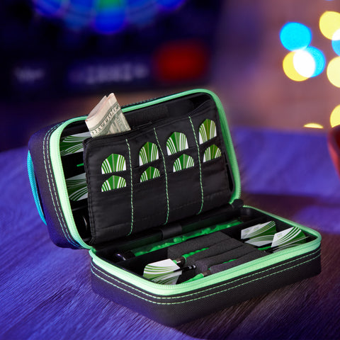 Image of Casemaster Plazma Pro Dart Case Black with Green Zipper and Phone Pocket