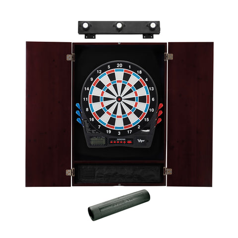 Image of Viper Showdown Electronic Dartboard, Metropolitan Mahogany Cabinet, Padded Dart MAt & Shadow Buster Dartboard Lights