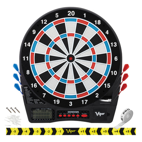 Image of Viper Showdown Electronic Dartboard, Metropolitan Mahogany Cabinet, Laser Throw Line Marker & Shadow Buster Dartboard Lights