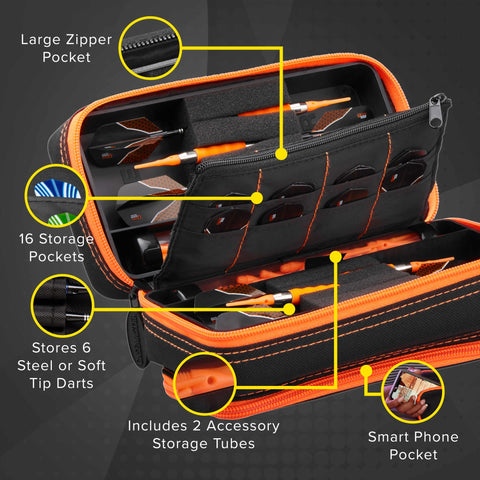 Image of Casemaster Plazma Pro Dart Case Black with Orange Zipper and Phone Pocket