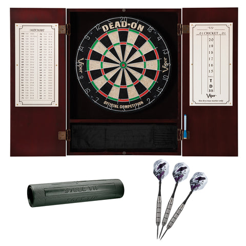 Image of Viper Metropolitan Mahogany Steel Tip Dartboard Cabinet, Viper Dead-On Bristle Dartboard, Viper Underground Raven Steel Tip Darts 25 Grams, and Viper Vinyl Dart Mat