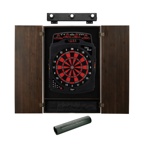Image of Viper Solar Blast Electronic Dartboard, Metropolitan Espresso Cabinet, Dart Mat & Shadow Buster Dartboard Light Bundle