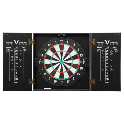 Image of Viper Hideaway Cabinet with Coiled Paper Dartboard & "The Bull Starts Here" Throw Line Marker