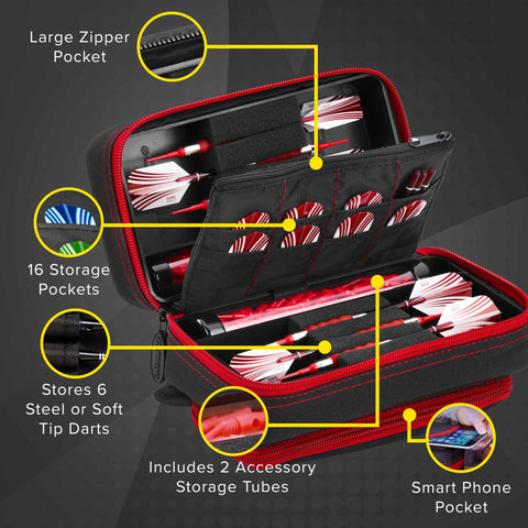 Image of Casemaster Plazma Pro Dart Case Black with Ruby Zipper and Phone Pocket