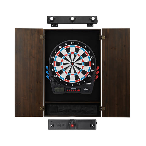 Image of Viper Showdown Electronic Dartboard, Metropolitan Espresso Cabinet, Laser Throw Line & Shadow Buster Dartboard Light Bundle