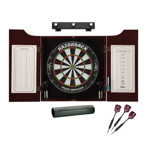 Image of Viper Razorback Sisal Dartboard, Hudson Cabinet, Dart Mat, Black Mariah Steel Tip Darts & Shadow Buster Dartboard Light Bundle