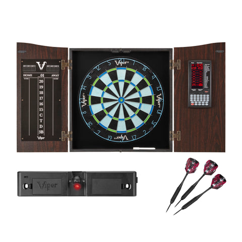 Image of Viper Vault Deluxe Dartboard Cabinet with Built-In Pro Score, Chroma Sisal Dartboard, Laser Throw Line, and Black Mariah Darts