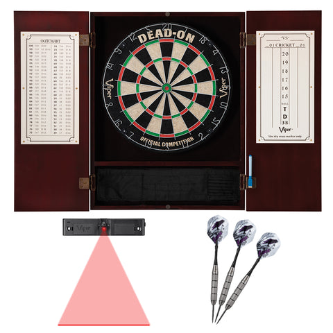 Image of Viper Metropolitan Mahogany Steel Tip Dartboard Cabinet, Viper Dead-On Bristle Dartboard, Viper Underground Raven Steel Tip Darts 25 Grams, and Viper Dart Laser Line