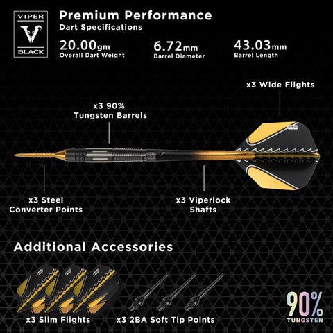 Image of Viper Black Flux 90% Tungsten Steel or Soft Tip Conversion Darts Gold 20 Grams
