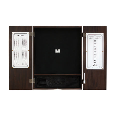 Image of Viper Espresso Metropolitan Steel Tip Cabinet, Razorback Sisal Dartboard, Underground Raven Steel Tip Darts 25 Grams, and Laser Throw Line