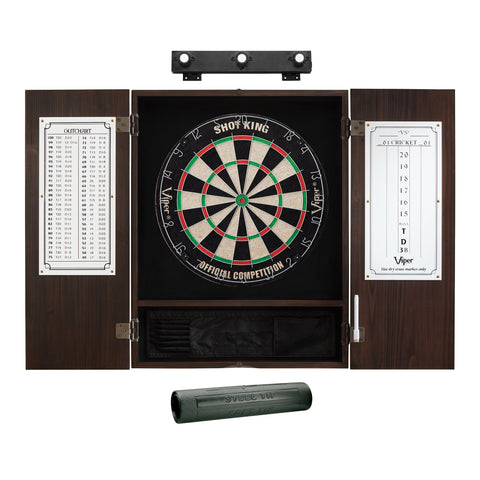 Image of Viper Shot King Sisal Dartboard, Metropolitan Espresso Cabinet, Shadow Buster Dartboard Lights & Padded Dart Mat
