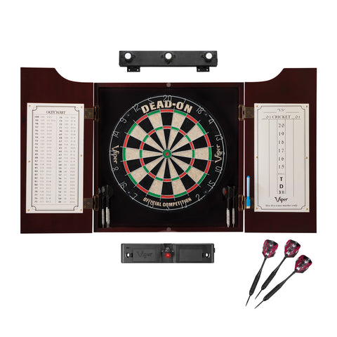 Image of Viper Dead On Sisal Dartboard, Hudson Cabinet, Laser Throw Line, Black Mariah Steel Tip Darts & Shadow Buster Dartboard Light Bundle