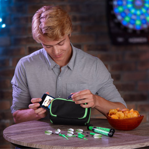 Image of Casemaster Plazma Pro Dart Case Black with Green Zipper and Phone Pocket