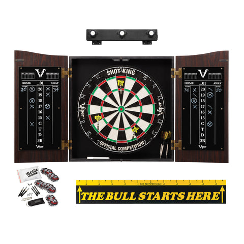 Image of Viper Vault Cabinet with Shot King Sisal Dartboard, Shadow Buster Dartboard Lights, Steel Tip Dart Accessories Kit & "The Bull Starts Here" Throw Line Marker