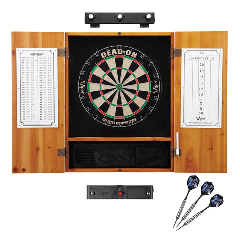Image of Viper Dead On Sisal Dartboard, Metropolitan Oak Cabinet, Shadow Buster Dartboard Lights & Laser Throw Line Marker