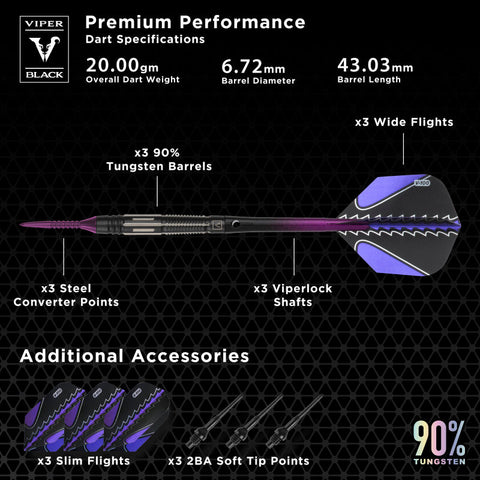 Image of Viper Black Flux 90% Tungsten Steel or Soft Tip Conversion Darts Purple 20 Grams