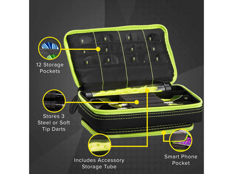 Image of Casemaster Plazma Plus Dart Case Black with Yellow Zipper and Phone Pocket - HomeFitPlay