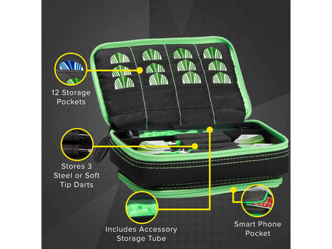 Image of Casemaster Plazma Plus Dart Case Black with Green Zipper and Phone Pocket - HomeFitPlay