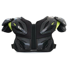 A pair of black RAZOR RZ7 shoulder pads designed for football players, featuring protective padding and a strap system.
