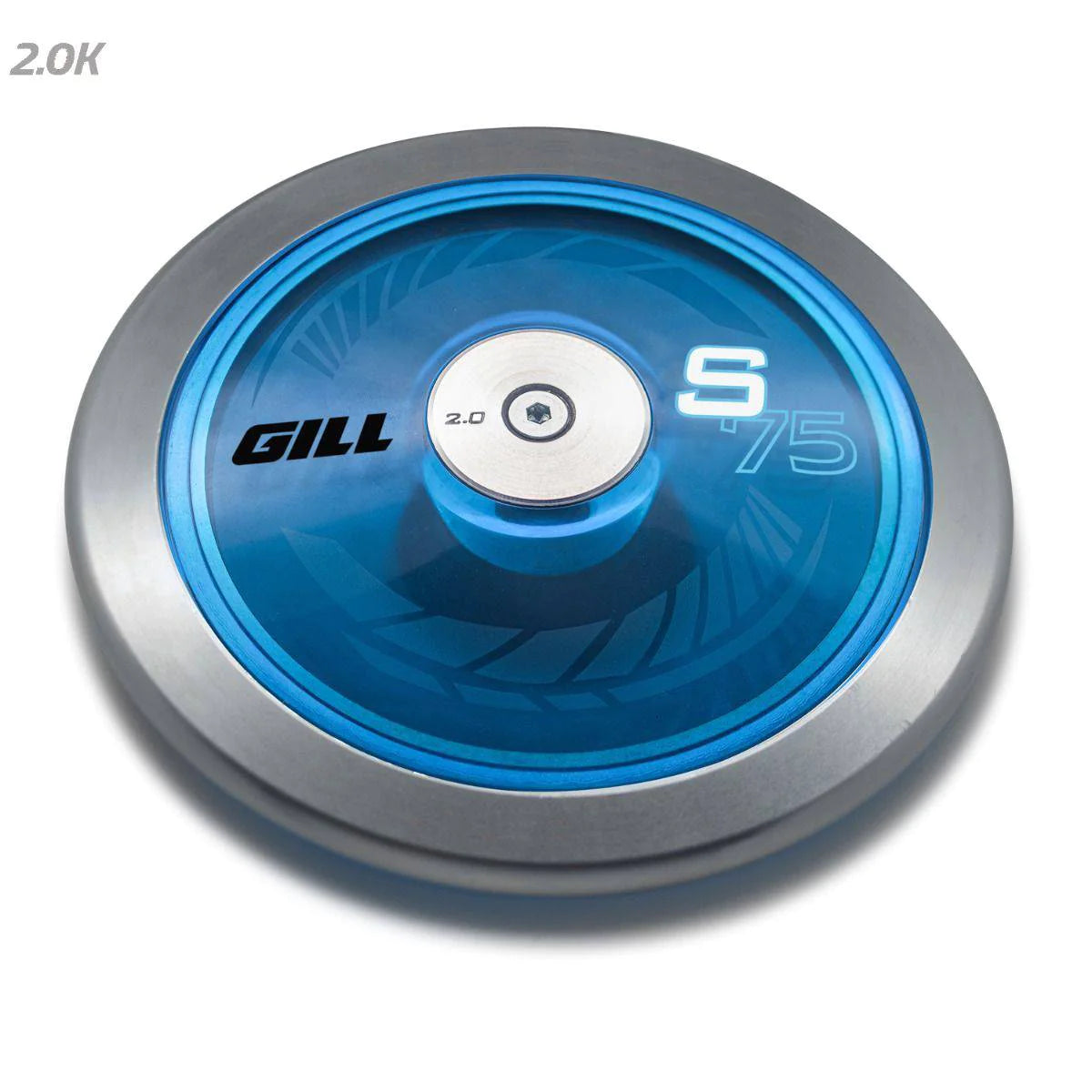 A blue discus with a silver steel rim and translucent blue plates, marked with 'GILL S75 77520'.