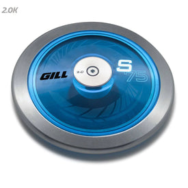 A blue discus with a silver steel rim and translucent blue plates, marked with 'GILL S75 77520'.