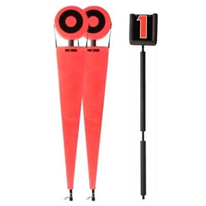 A set of American football chain and flip down box with high visibility orange banners and poles.