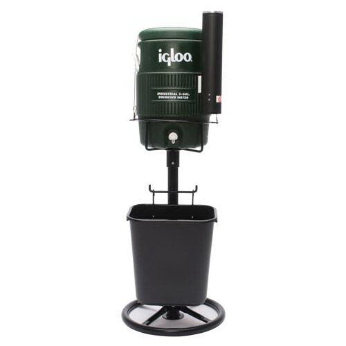 A black and green Tidi-Cooler stand with a basket, made of lightweight, rust-free aluminum with a powder-coated finish, designed to hold a 5-gallon cooler.