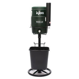 A black and green Tidi-Cooler stand with a basket, made of lightweight, rust-free aluminum with a powder-coated finish, designed to hold a 5-gallon cooler.