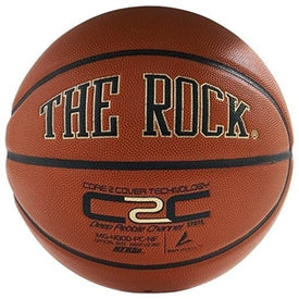 A brown leather basketball with 'THE ROCK' branding and text logo.