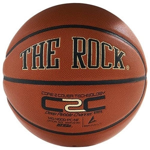 A basketball with 'The Rock' branding and text logo on it.