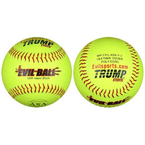 Two yellow softballs with red stitching, featuring the text 'Evil Ball' and 'USA Softball' on them.