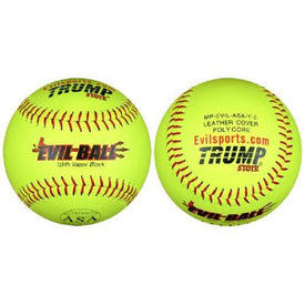 Two yellow softballs with red stitching, featuring the text 'Evil Ball' and 'USA Softball' on them.