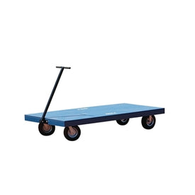 Blue wood deck pit cart with black handle and pneumatic wheels.