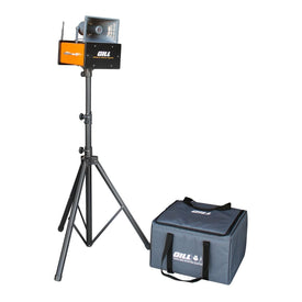 A portable wireless starter system for track and field events, featuring a tripod stand, a black and orange casing, and a grey carrying case with the brand 'GILL' visible.