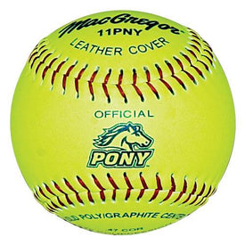 A MacGregor Pony softball with a leather cover, optic yellow color, and red stitching.