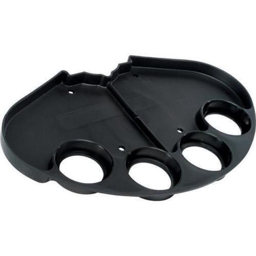 A black replacement tray and bracket set for a tennis ball machine, featuring slots for tennis balls and a sturdy design.