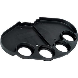 A black replacement tray and bracket set for a tennis ball machine, featuring slots for tennis balls and a sturdy design.