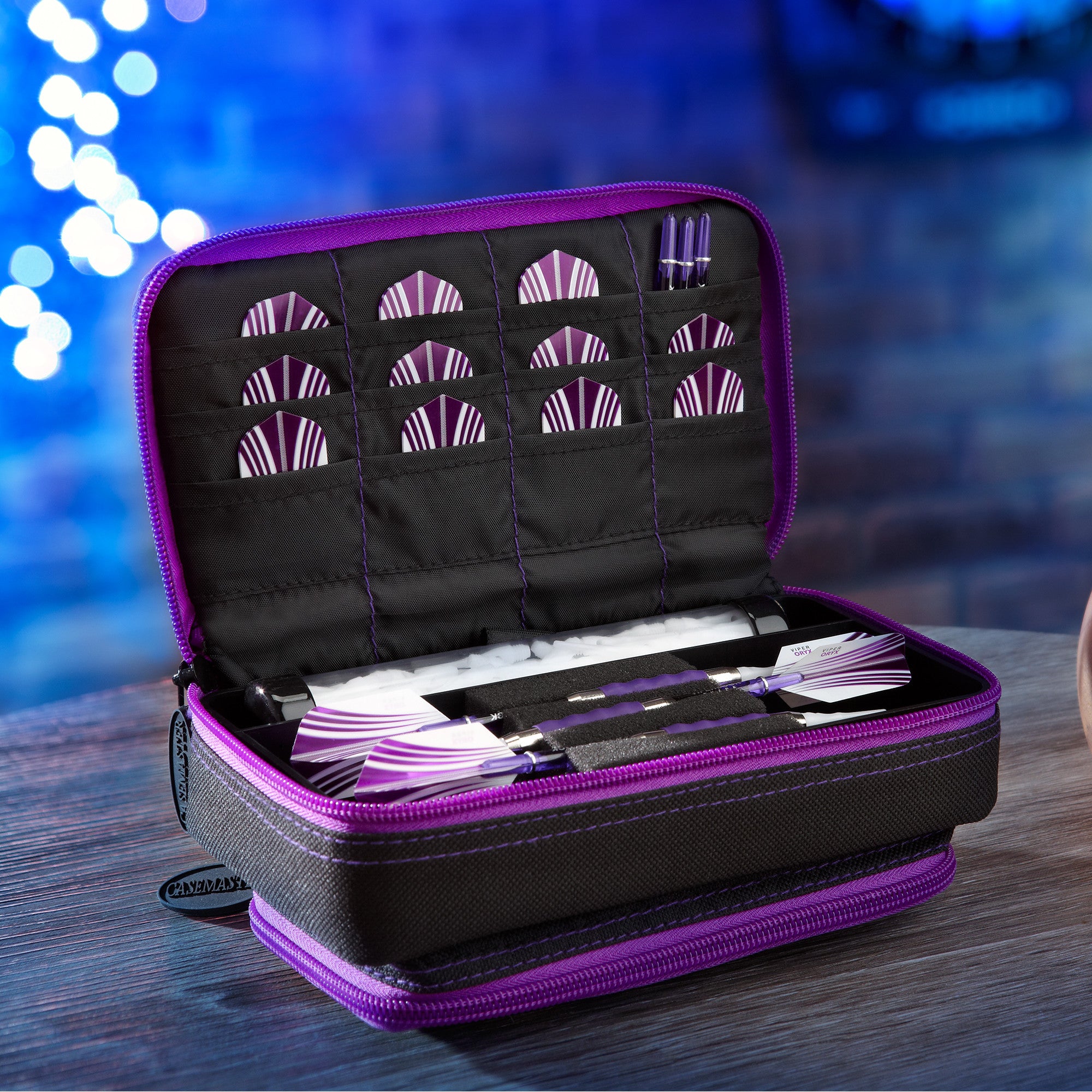 Casemaster Plazma Plus Dart Case Black with Amethyst Zipper and Phone Pocket