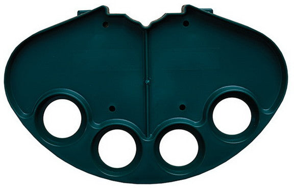 A green replacement tray and bracket for a tennis ball machine, featuring multiple compartments for holding tennis balls.
