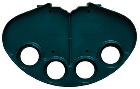 A green replacement tray and bracket for a tennis ball machine, featuring multiple compartments for holding tennis balls.