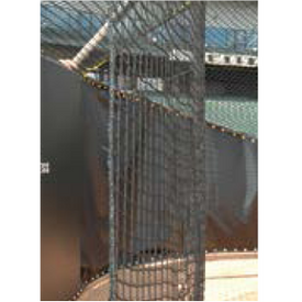 A close-up of a black sports practice net, likely made of nylon, with a visible brand or manufacturer logo.