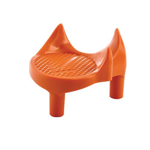 Orange soccer kicking tee designed for left-footed players.