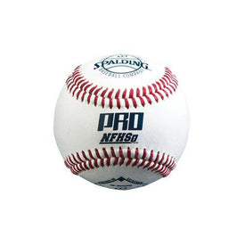 A white Spalding PRO NFHS BSB baseball with red stitching.